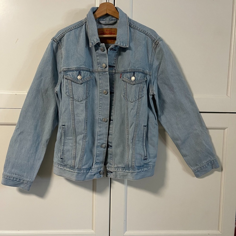 Levis Womens Denim Trucker Jacket Large Light Wash Blue Black Stripe Panel